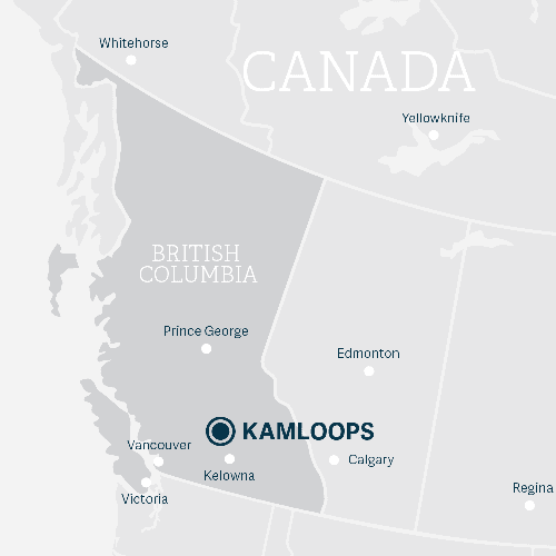 描述坎卢普斯与加拿大西部其他地区的位置的地图